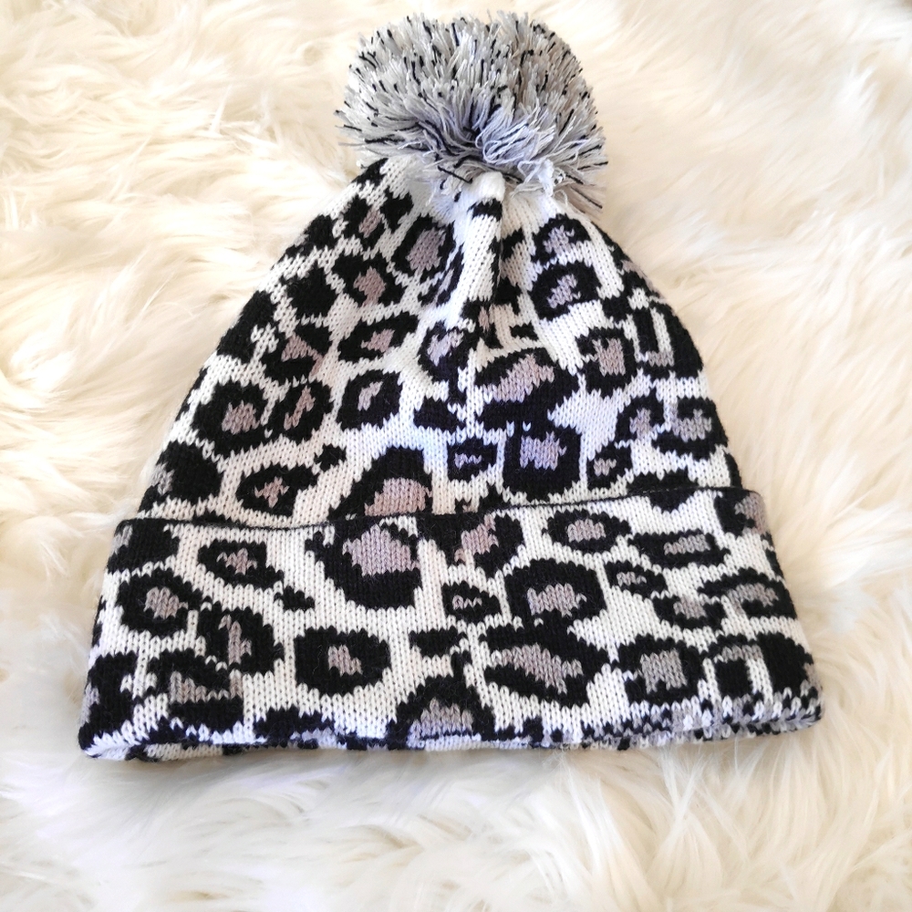 Snow leopard pom pom beanie